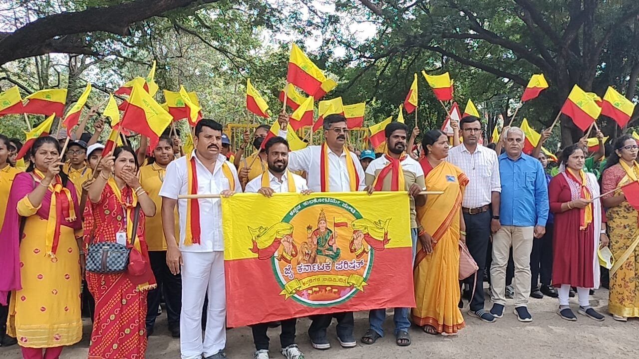 Hundreds of members holding the Kannada flag during a march